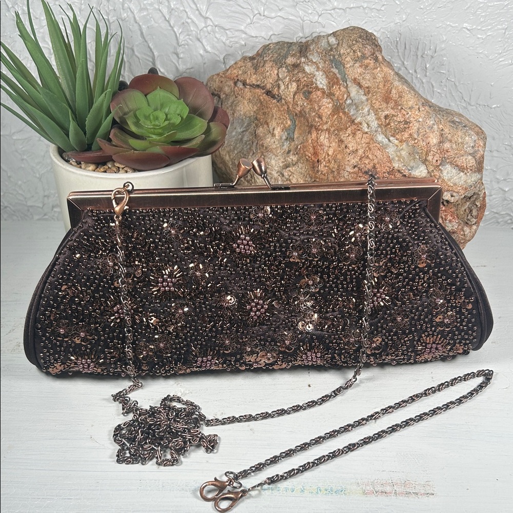 Carlo Fellini Beaded Kiss Lock Crossbody Clutch Wristlet 2 Chains Brown Copper